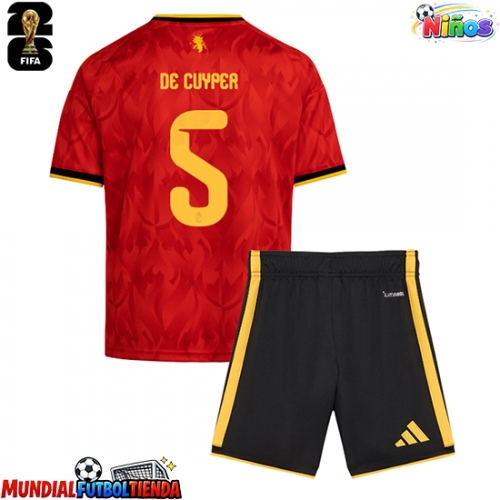 Camiseta Bélgica Maxim De Cuyper #5 Primera Equipación Replica Mundial 2026 para niños mangas cortas (+ Pantalones cortos)